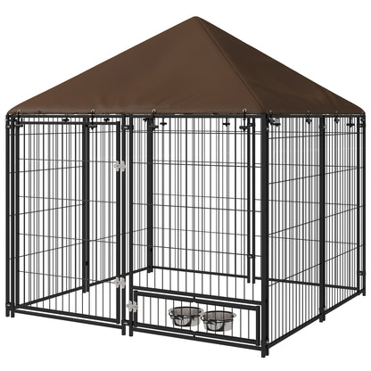 Metal Outdoor Dog Playpen with Canopy, Swivel Feeder, 2 Bowls for Patio Yard Garden Terrace 141x141x151 cm Brown