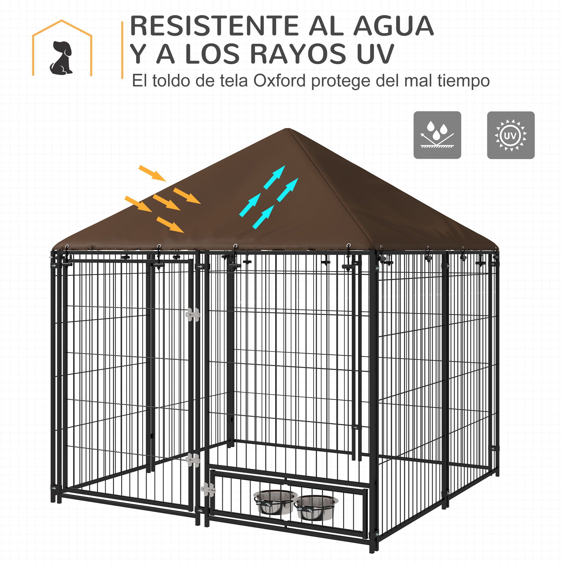 Metal Outdoor Dog Playpen with Canopy, Swivel Feeder, 2 Bowls for Patio Yard Garden Terrace 141x141x151 cm Brown