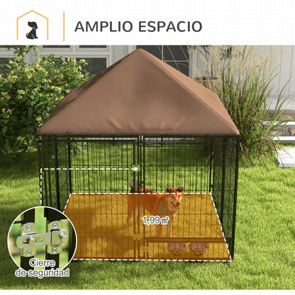 Metal Outdoor Dog Playpen with Canopy, Swivel Feeder, 2 Bowls for Patio Yard Garden Terrace 141x141x151 cm Brown