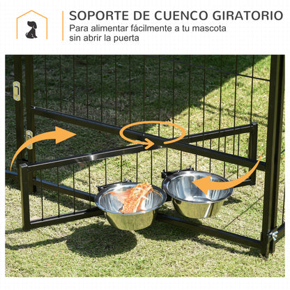 Metal Outdoor Dog Playpen with Canopy, Swivel Feeder, 2 Bowls for Patio Yard Garden Terrace 141x141x151 cm Brown