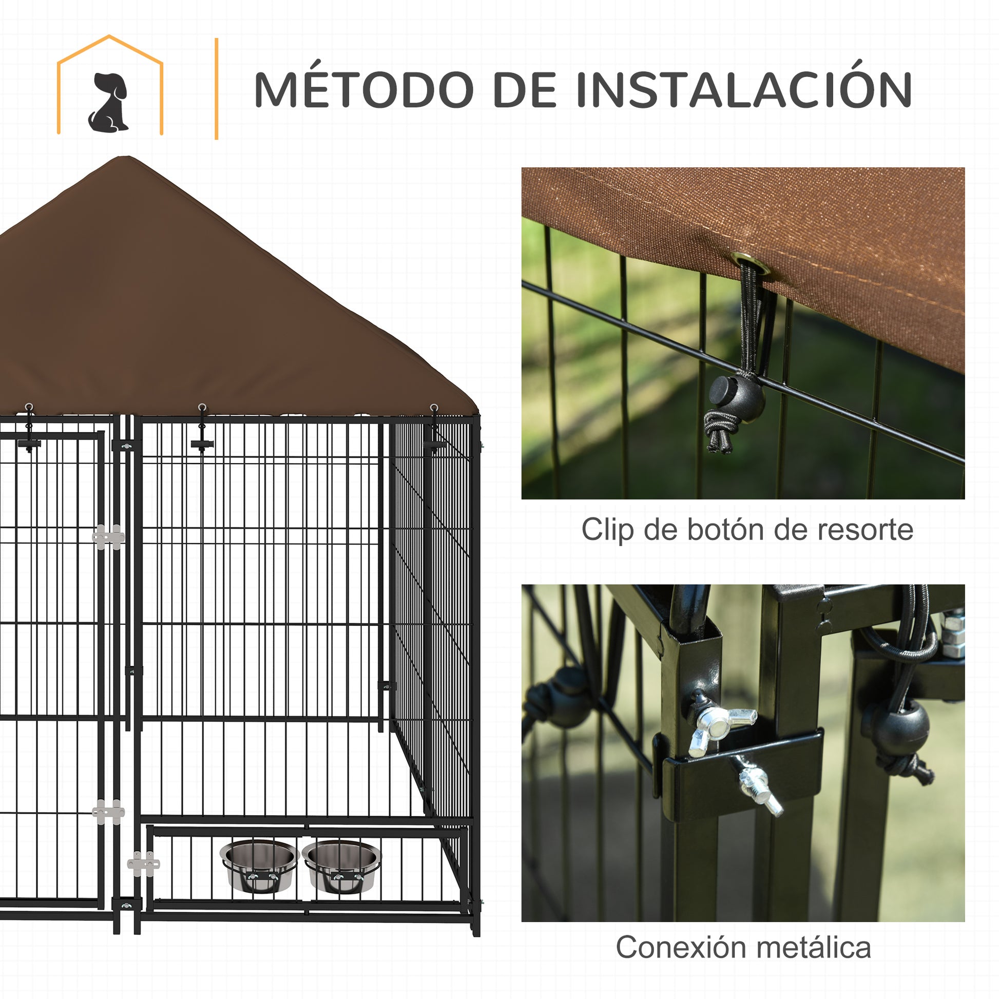 Metal Outdoor Dog Playpen with Canopy, Swivel Feeder, 2 Bowls for Patio Yard Garden Terrace 141x141x151 cm Brown
