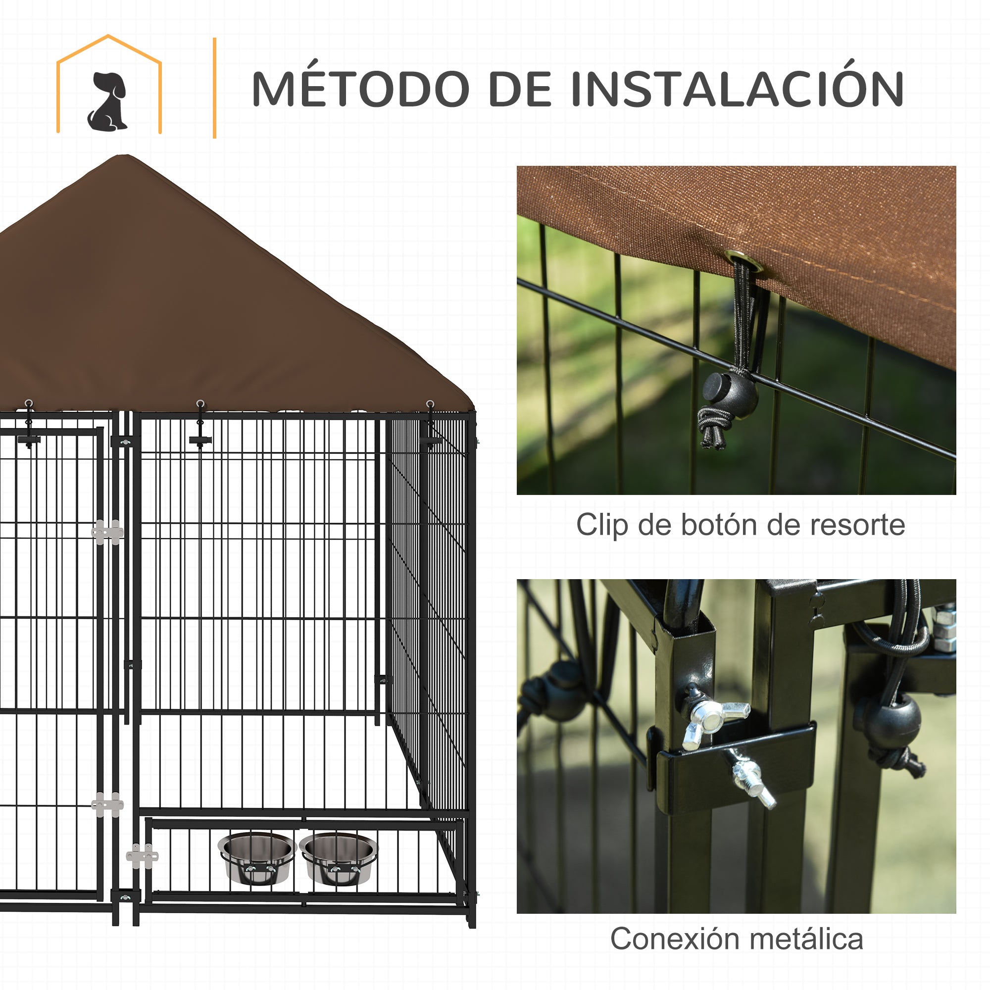 Metal Outdoor Dog Playpen with Canopy, Swivel Feeder, 2 Bowls for Patio Yard Garden Terrace 141x141x151 cm Brown