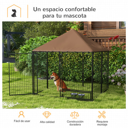 Metal Outdoor Dog Playpen with Canopy, Swivel Feeder, 2 Bowls for Patio Yard Garden Terrace 141x141x151 cm Brown