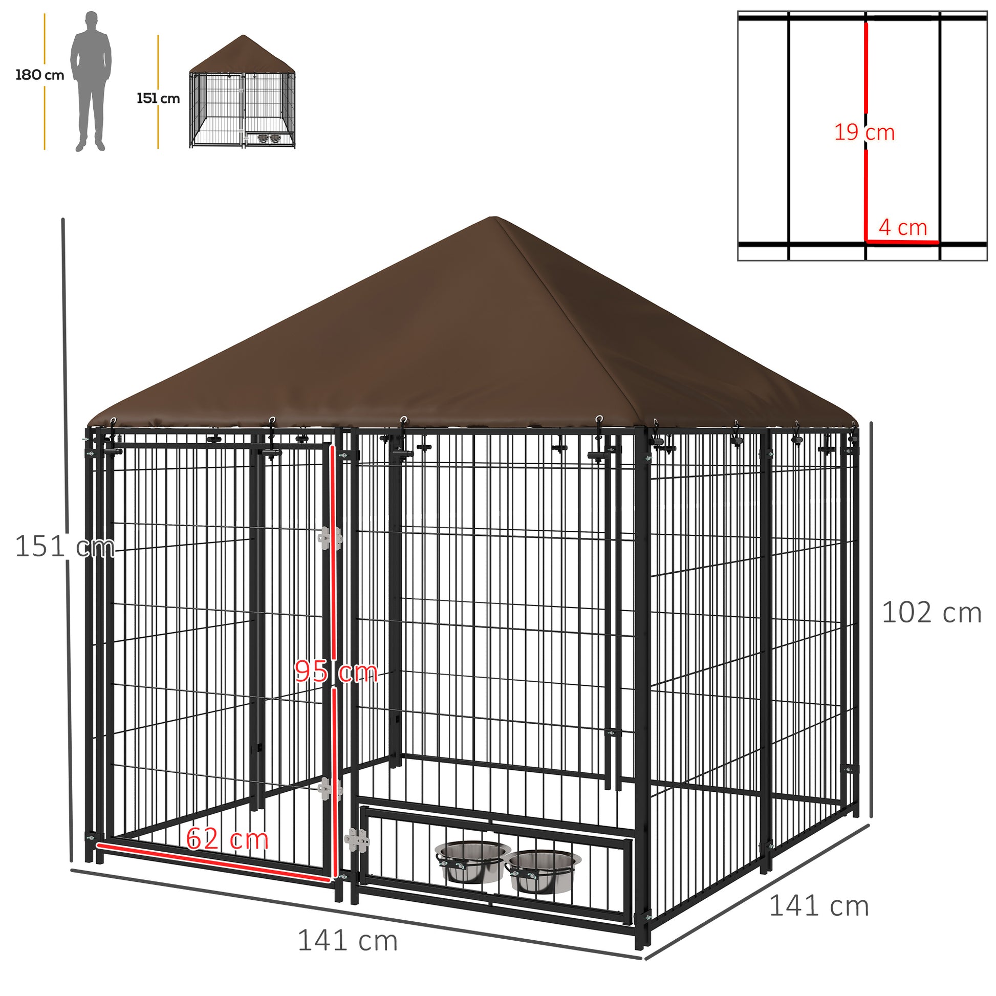 Metal Outdoor Dog Playpen with Canopy, Swivel Feeder, 2 Bowls for Patio Yard Garden Terrace 141x141x151 cm Brown
