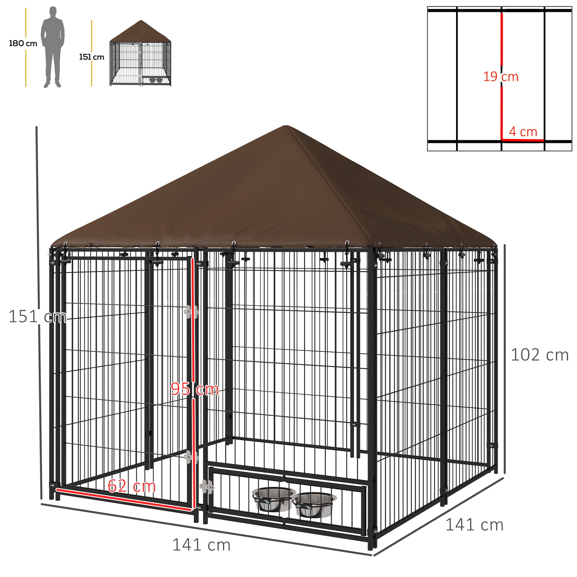 Metal Outdoor Dog Playpen with Canopy, Swivel Feeder, 2 Bowls for Patio Yard Garden Terrace 141x141x151 cm Brown