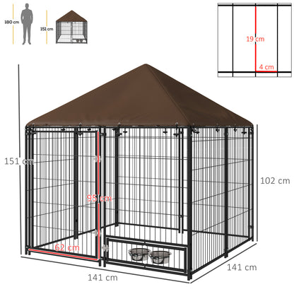 Metal Outdoor Dog Playpen with Canopy, Swivel Feeder, 2 Bowls for Patio Yard Garden Terrace 141x141x151 cm Brown
