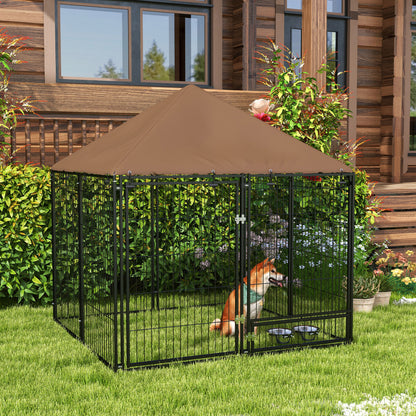 Metal Outdoor Dog Playpen with Canopy, Swivel Feeder, 2 Bowls for Patio Yard Garden Terrace 141x141x151 cm Brown