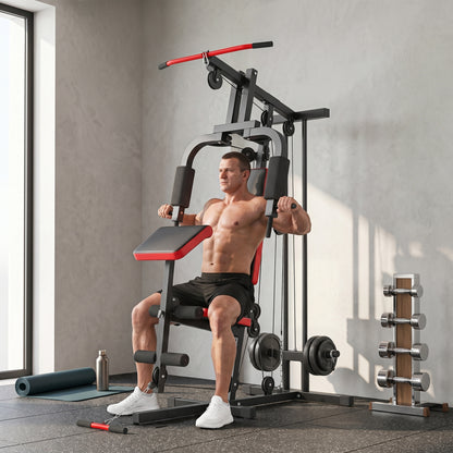 SPORTNOW Multifunction Home Gym Station with Removable Preacher Bench, High/Low Pulley, Butterfly, Leg Trainer - Complete Body Workout