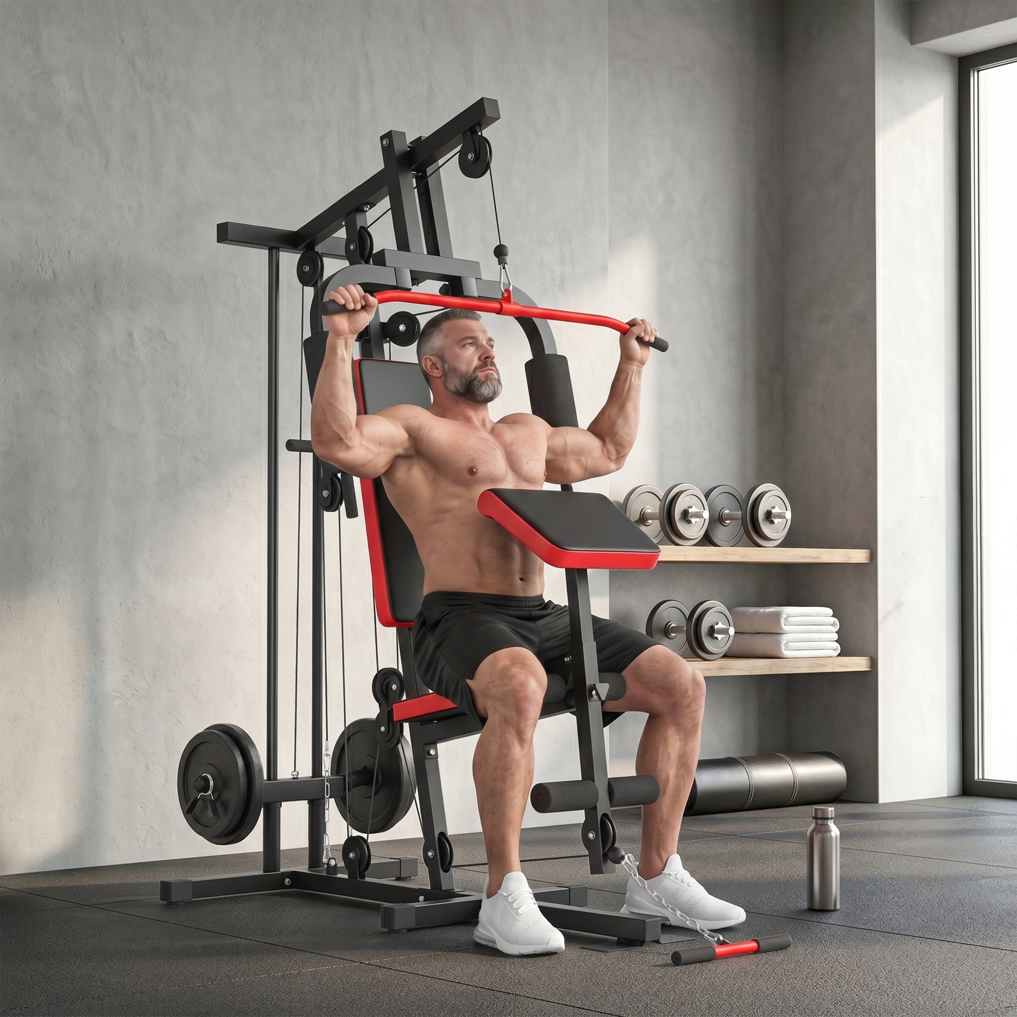 SPORTNOW Multifunction Home Gym Station with Removable Preacher Bench, High/Low Pulley, Butterfly, Leg Trainer - Complete Body Workout