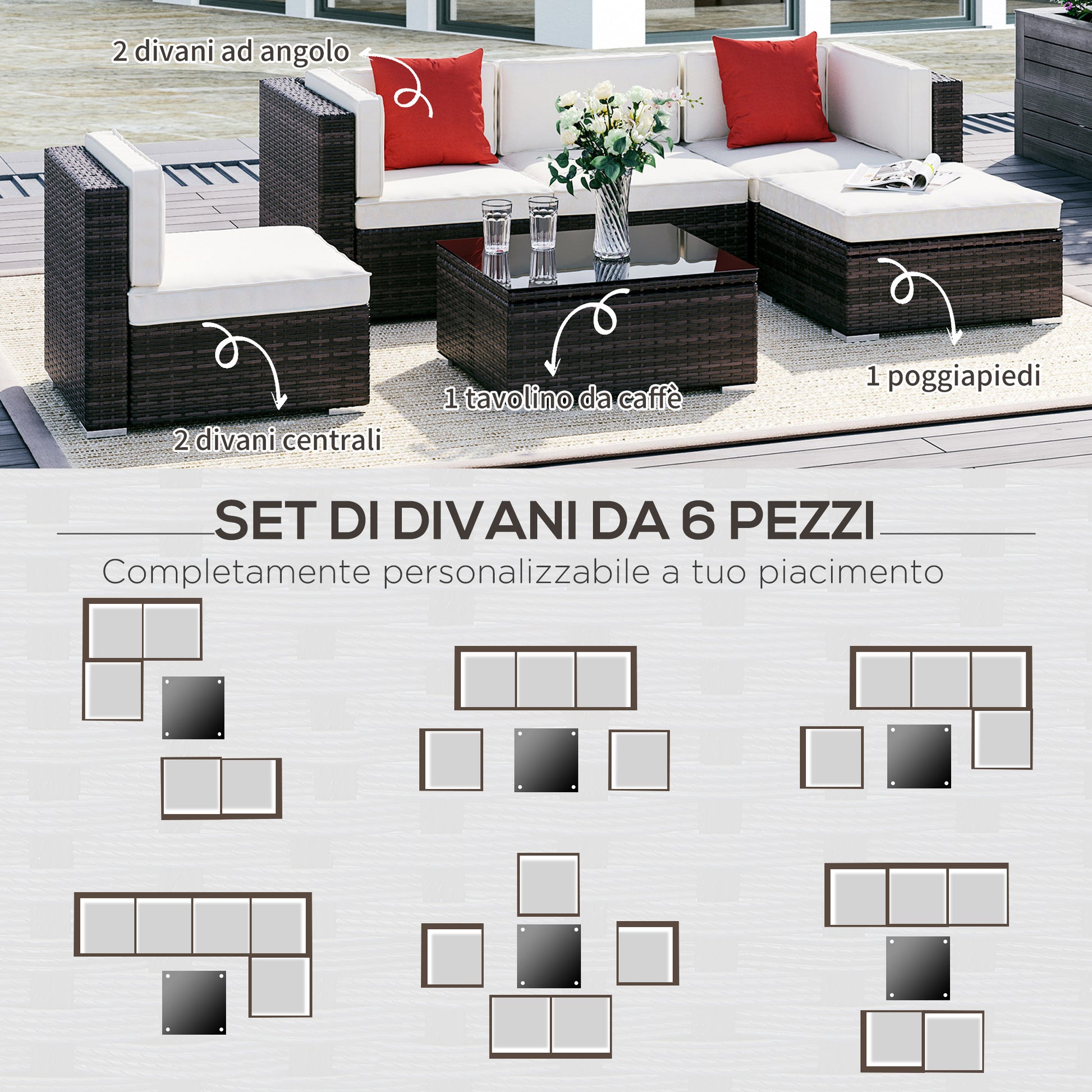 Rattan PE Garden Furniture Set 4 Chairs 1 Ottoman 1 Tempered Glass Coffee Table 2 Cushions