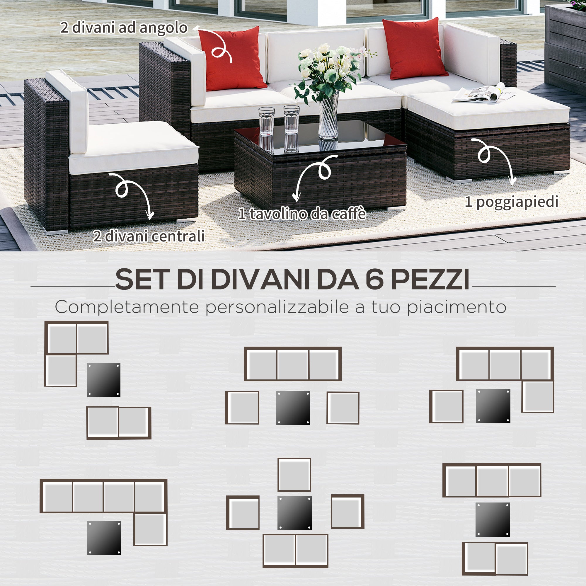 Rattan PE Garden Furniture Set 4 Chairs 1 Ottoman 1 Tempered Glass Coffee Table 2 Cushions