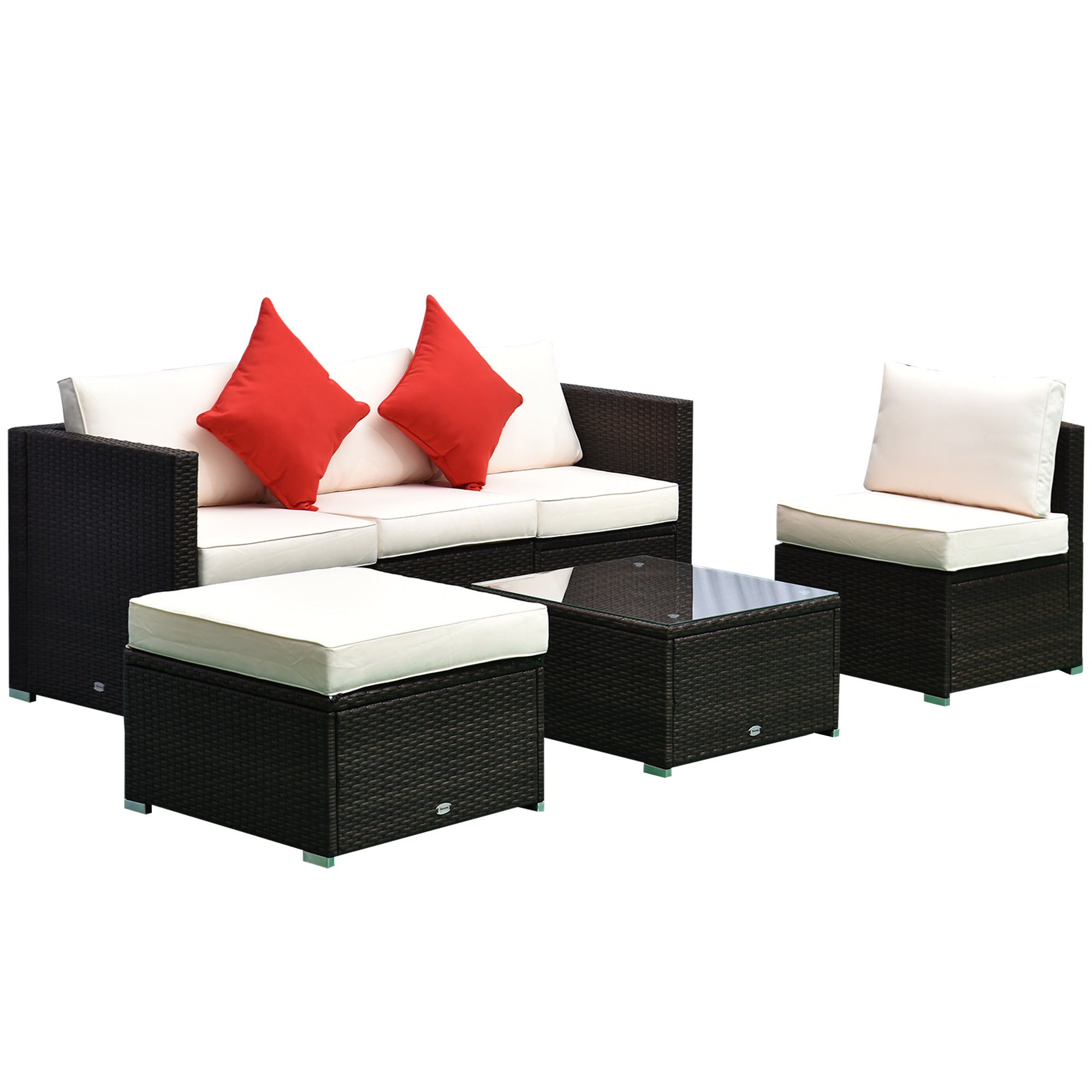 Rattan PE Garden Furniture Set 4 Chairs 1 Ottoman 1 Tempered Glass Coffee Table 2 Cushions