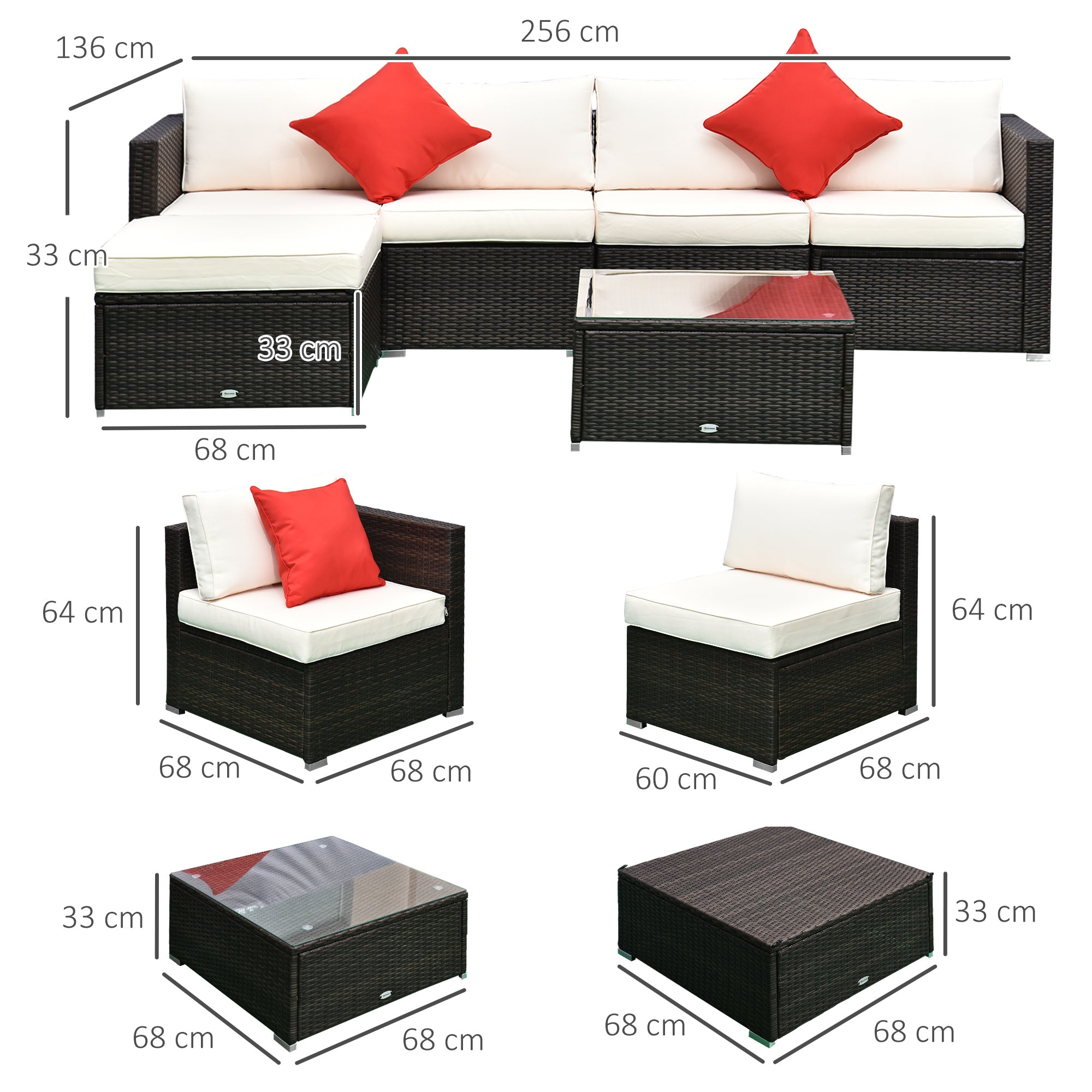 Rattan PE Garden Furniture Set 4 Chairs 1 Ottoman 1 Tempered Glass Coffee Table 2 Cushions