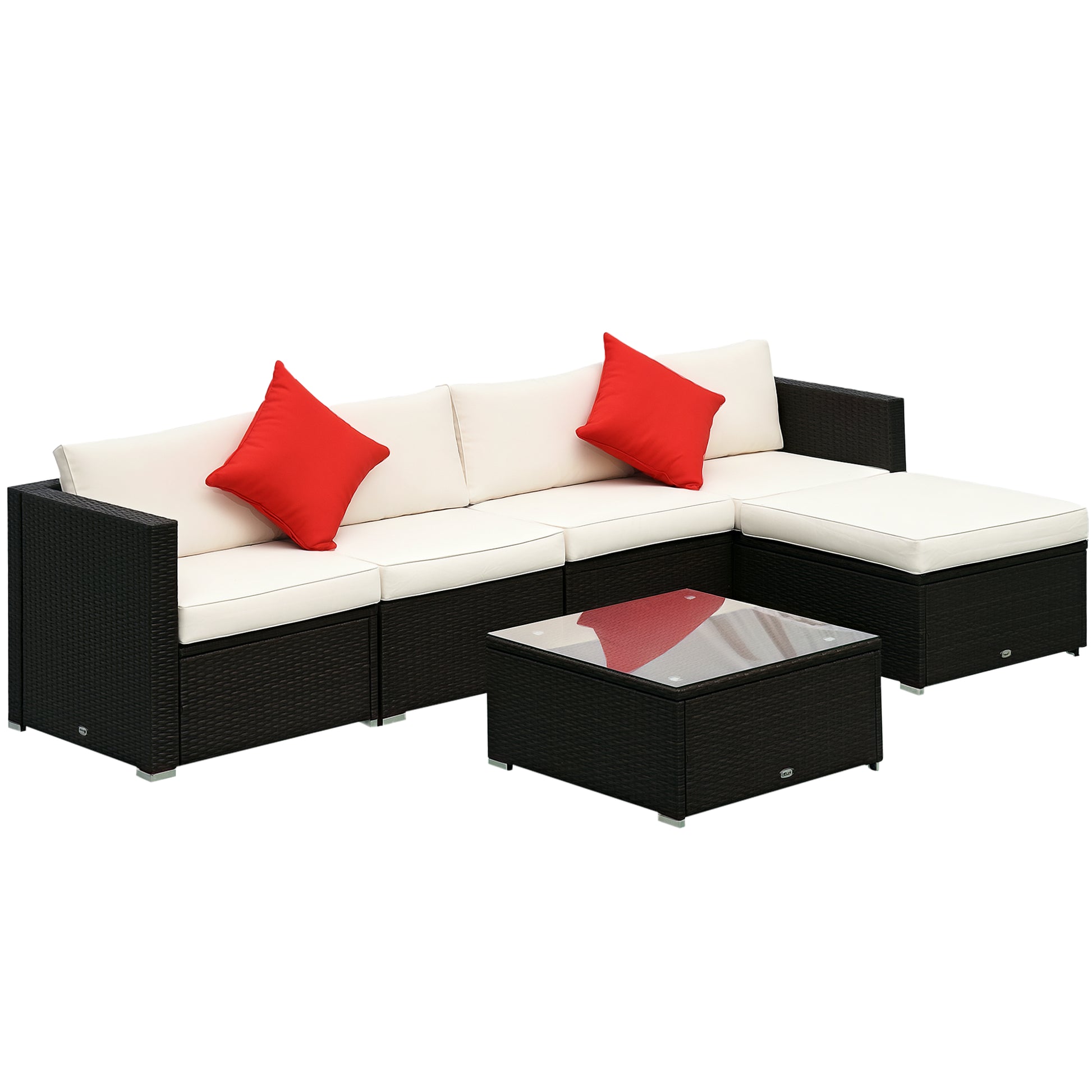 Rattan PE Garden Furniture Set 4 Chairs 1 Ottoman 1 Tempered Glass Coffee Table 2 Cushions