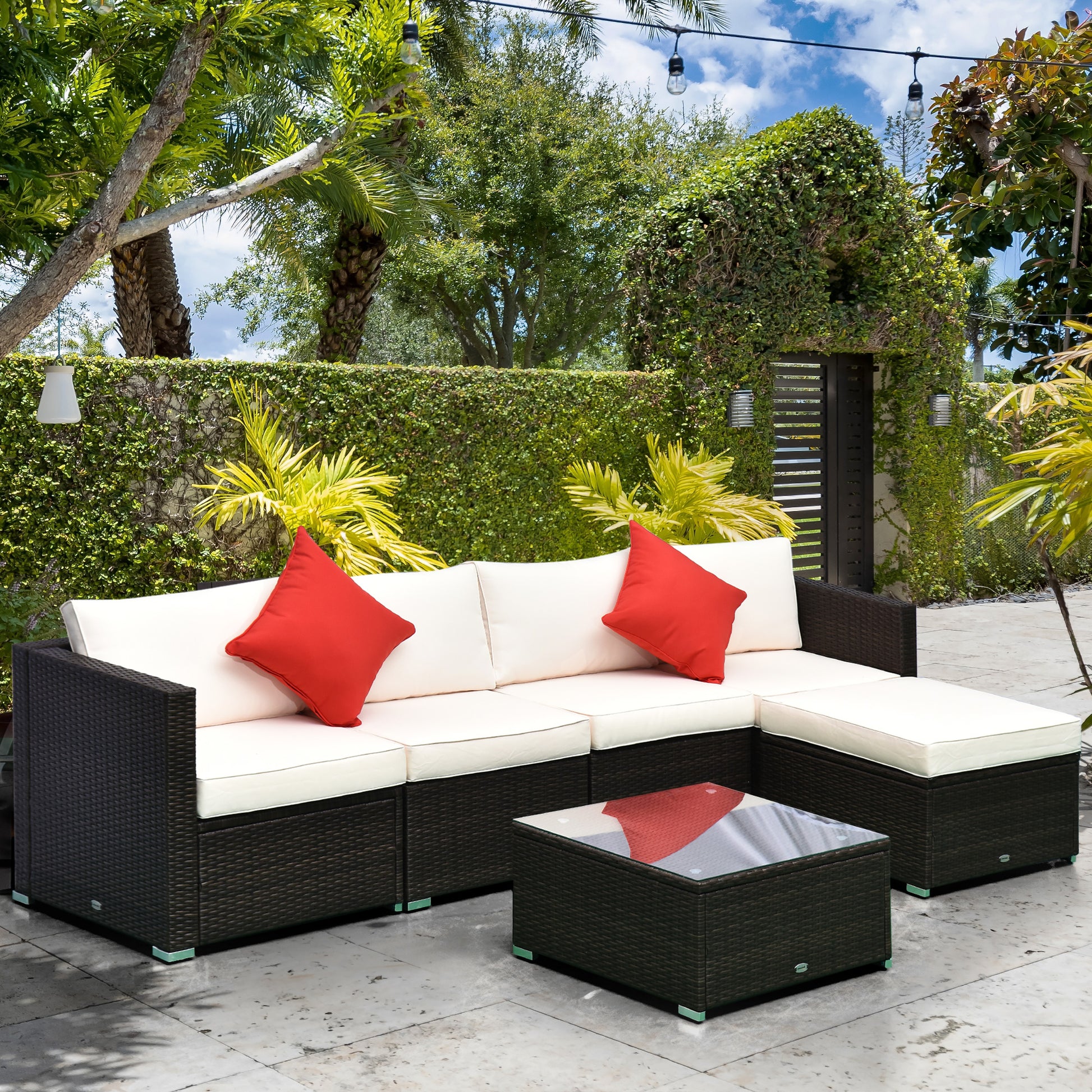 Rattan PE Garden Furniture Set 4 Chairs 1 Ottoman 1 Tempered Glass Coffee Table 2 Cushions