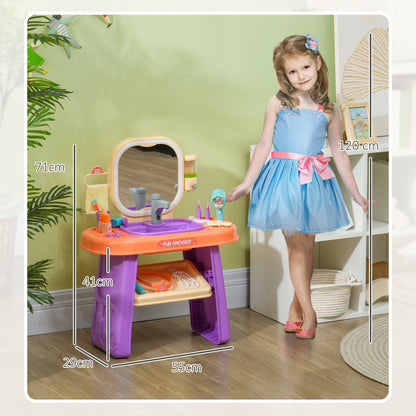Children's Dressing Table with Mirror, LED Light, Music, Vanity Table with Faucet, Accessories for 3-6 Year Olds, Purple