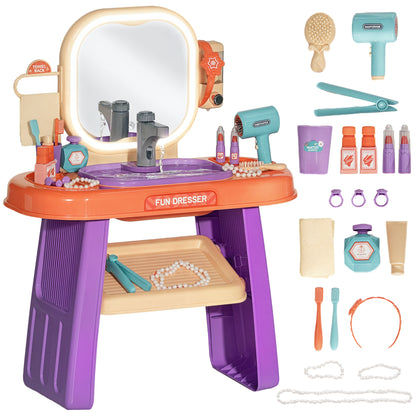 Children's Dressing Table with Mirror, LED Light, Music, Vanity Table with Faucet, Accessories for 3-6 Year Olds, Purple