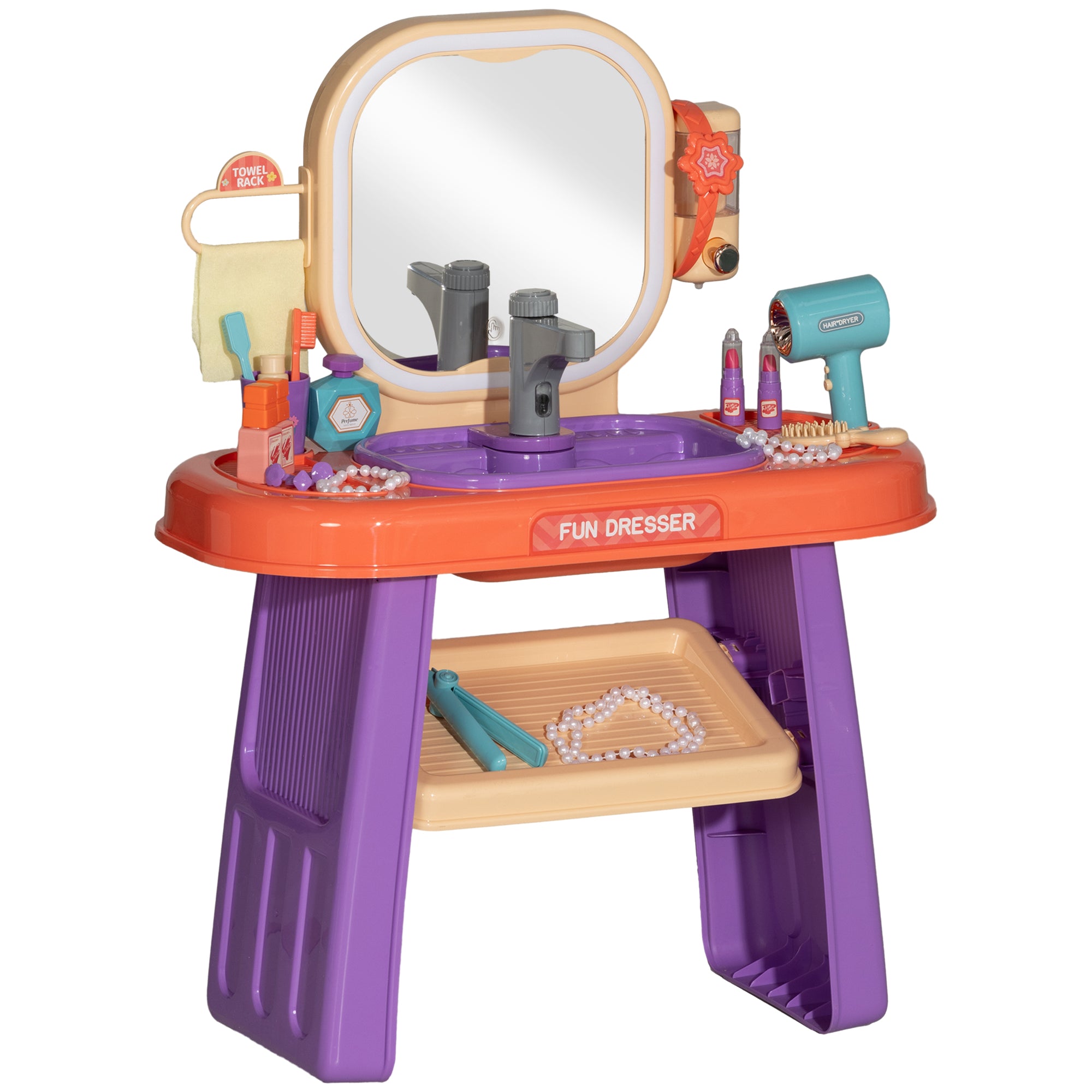 Children's Dressing Table with Mirror, LED Light, Music, Vanity Table with Faucet, Accessories for 3-6 Year Olds, Purple