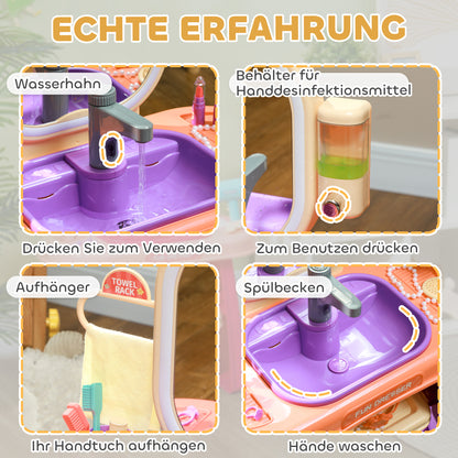 Children's Dressing Table with Mirror, LED Light, Music, Vanity Table with Faucet, Accessories for 3-6 Year Olds, Purple