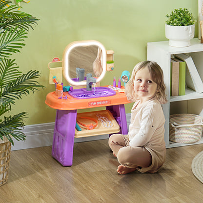 Children's Dressing Table with Mirror, LED Light, Music, Vanity Table with Faucet, Accessories for 3-6 Year Olds, Purple
