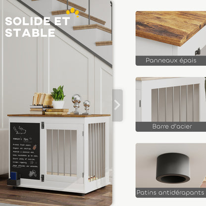 Dog Cage, Indoor Dog Crate, with 2 Doors, Chalkboard, Dual Function, for Medium Dogs up to 20 kg, 80 x 60 x 70 cm, White