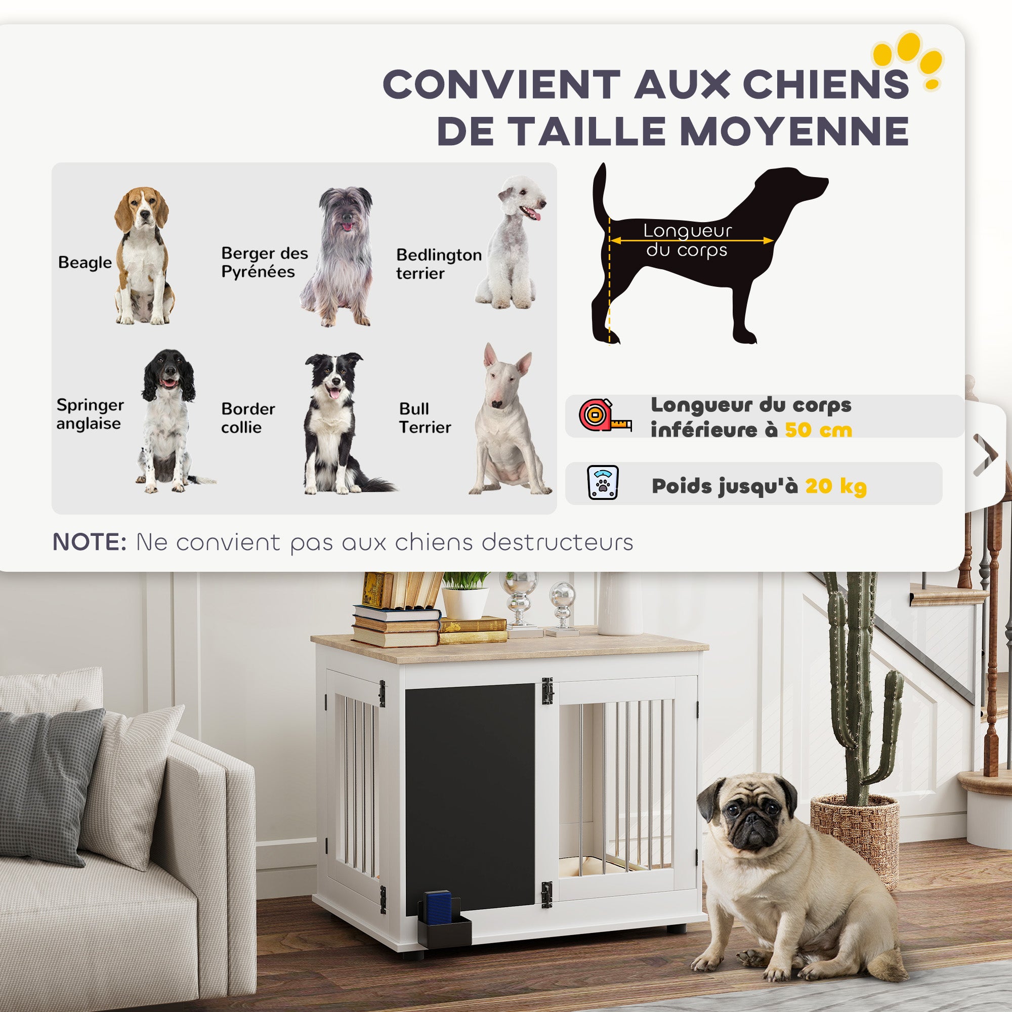 Dog Cage, Indoor Dog Crate, with 2 Doors, Chalkboard, Dual Function, for Medium Dogs up to 20 kg, 80 x 60 x 70 cm, White