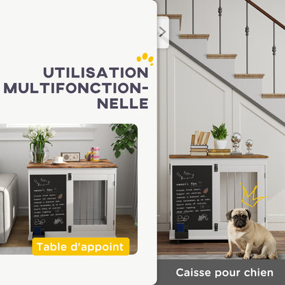 Dog Cage, Indoor Dog Crate, with 2 Doors, Chalkboard, Dual Function, for Medium Dogs up to 20 kg, 80 x 60 x 70 cm, White