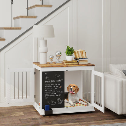 Dog Cage, Indoor Dog Crate, with 2 Doors, Chalkboard, Dual Function, for Medium Dogs up to 20 kg, 80 x 60 x 70 cm, White