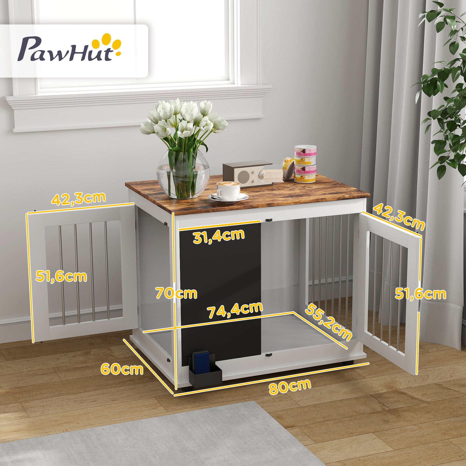 Dog Cage, Indoor Dog Crate, with 2 Doors, Chalkboard, Dual Function, for Medium Dogs up to 20 kg, 80 x 60 x 70 cm, White