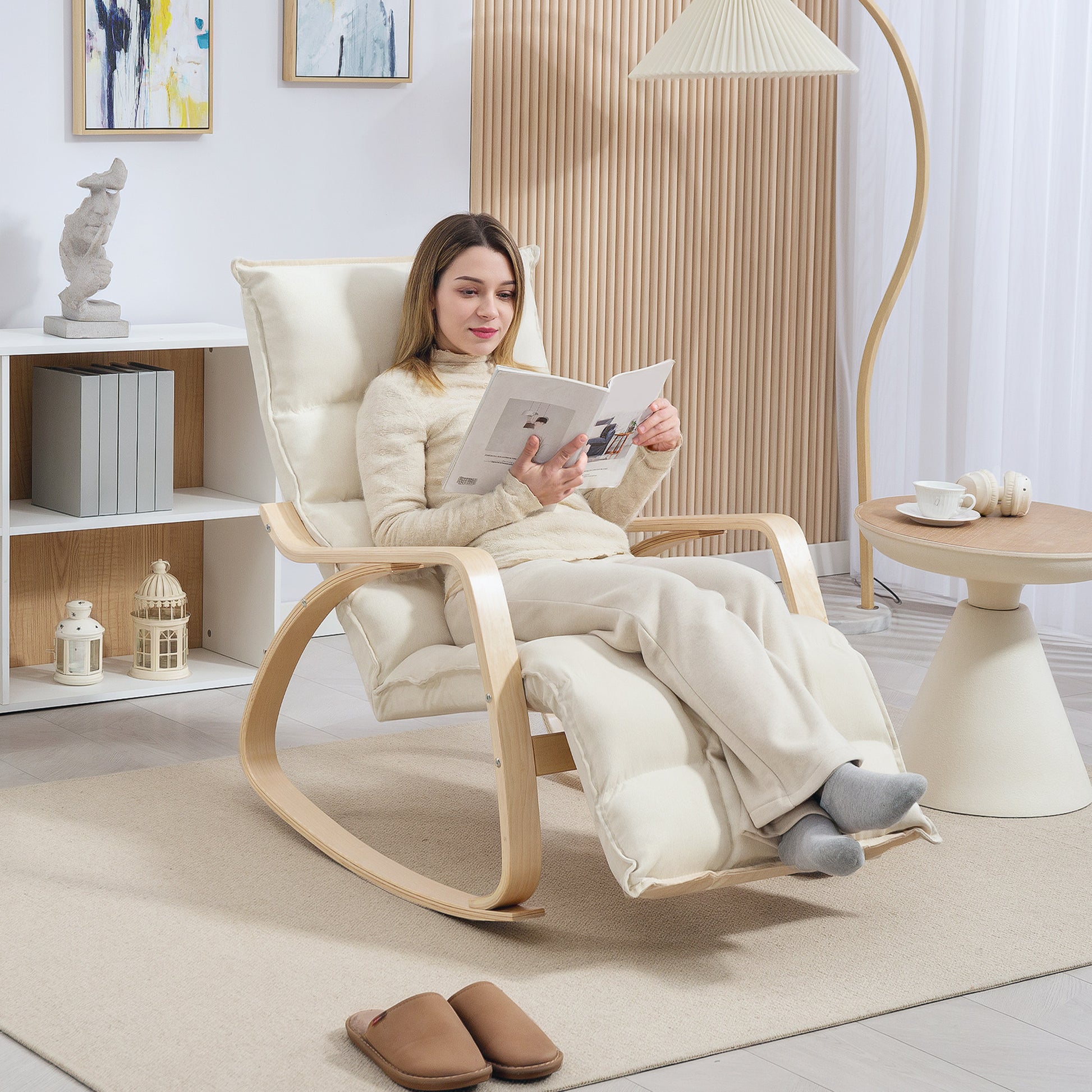Rocking Chair Rocker with Backrest, Adjustable Footrest, Armchair, Upholstered Recliner with Linen Look, Rocking Armchair, Reading Chair for Living Room, Bedroom, Cream White