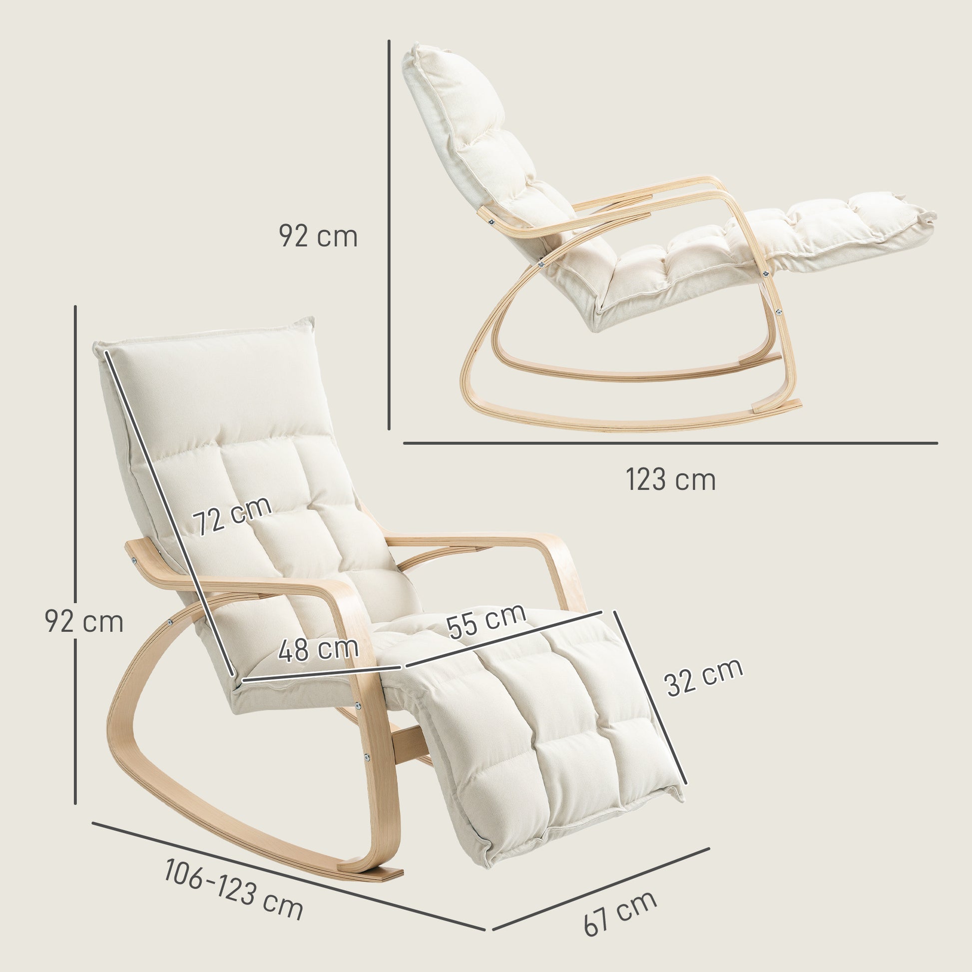 Rocking Chair Rocker with Backrest, Adjustable Footrest, Armchair, Upholstered Recliner with Linen Look, Rocking Armchair, Reading Chair for Living Room, Bedroom, Cream White