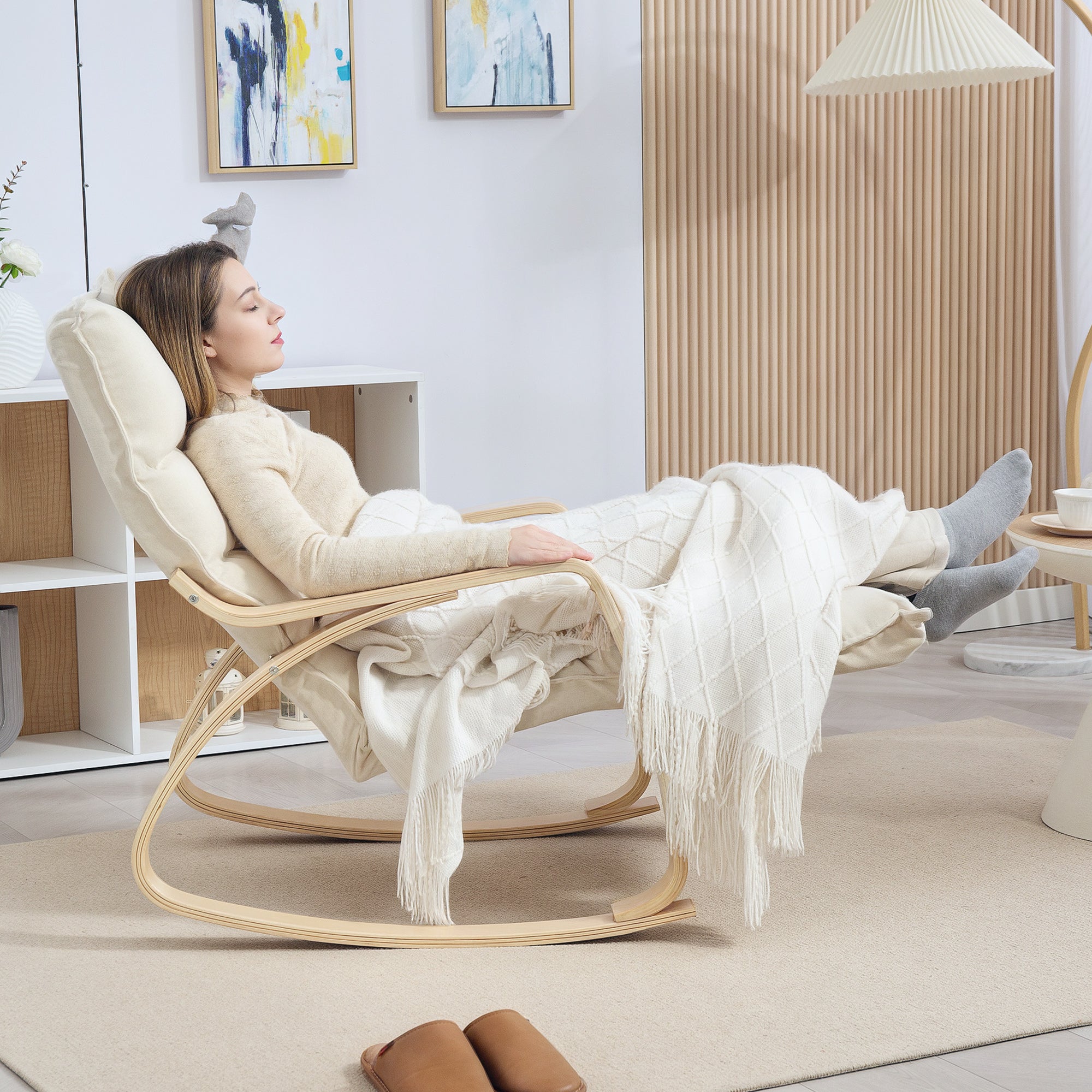 Rocking Chair Rocker with Backrest, Adjustable Footrest, Armchair, Upholstered Recliner with Linen Look, Rocking Armchair, Reading Chair for Living Room, Bedroom, Cream White