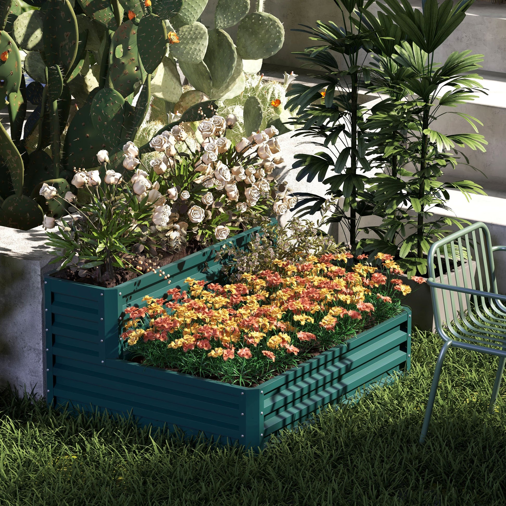 Square Garden Planter Raised Steel Garden Bed Open Bottom 2 Levels for Herbs Vegetables Fruits Flowers 120 x 101 x 58 cm green