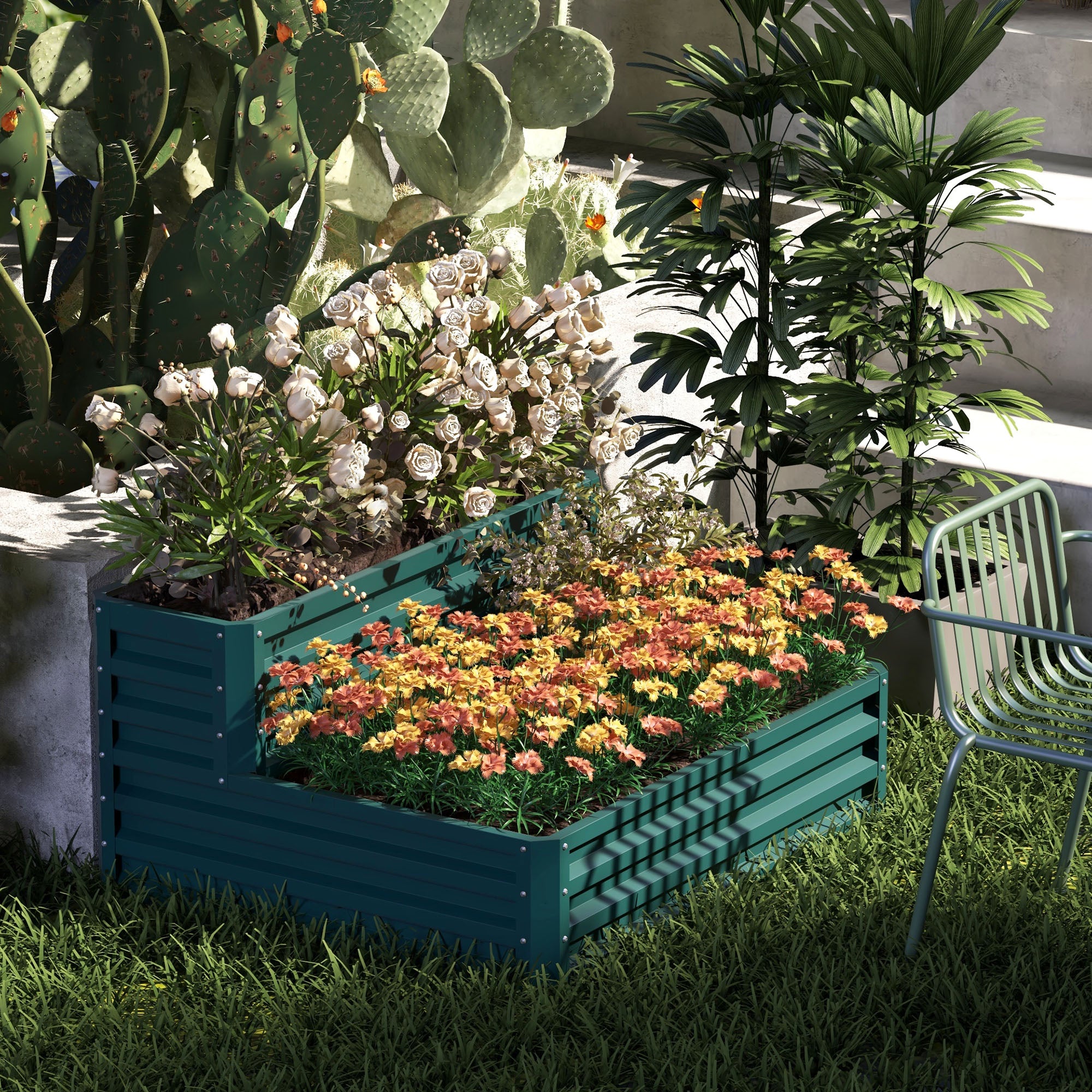 Square Garden Planter Raised Steel Garden Bed Open Bottom 2 Levels for Herbs Vegetables Fruits Flowers 120 x 101 x 58 cm green