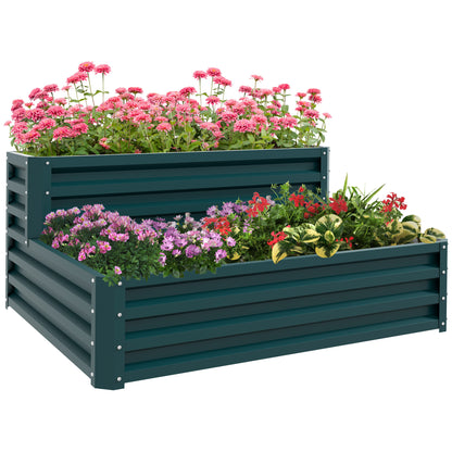 Square Garden Planter Raised Steel Garden Bed Open Bottom 2 Levels for Herbs Vegetables Fruits Flowers 120 x 101 x 58 cm green