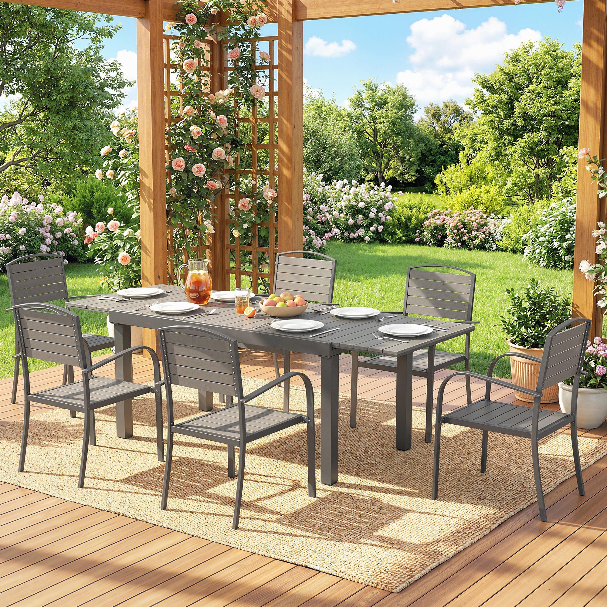 7-Piece Extendable Outdoor Dining Set with 6 Chairs, Wood-Look Slatted Design, Aluminum Frame, Weatherproof, Gray