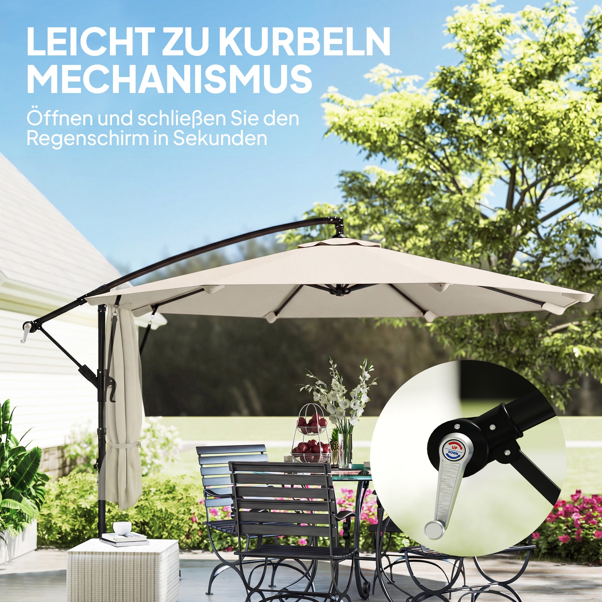 Cantilever Umbrella ~ Ø3.0 m | Tiltable Patio Parasol with Crank, Cross Base, Guy Ropes & Cover, UV-Resistant, Water-Repellent – Cream White