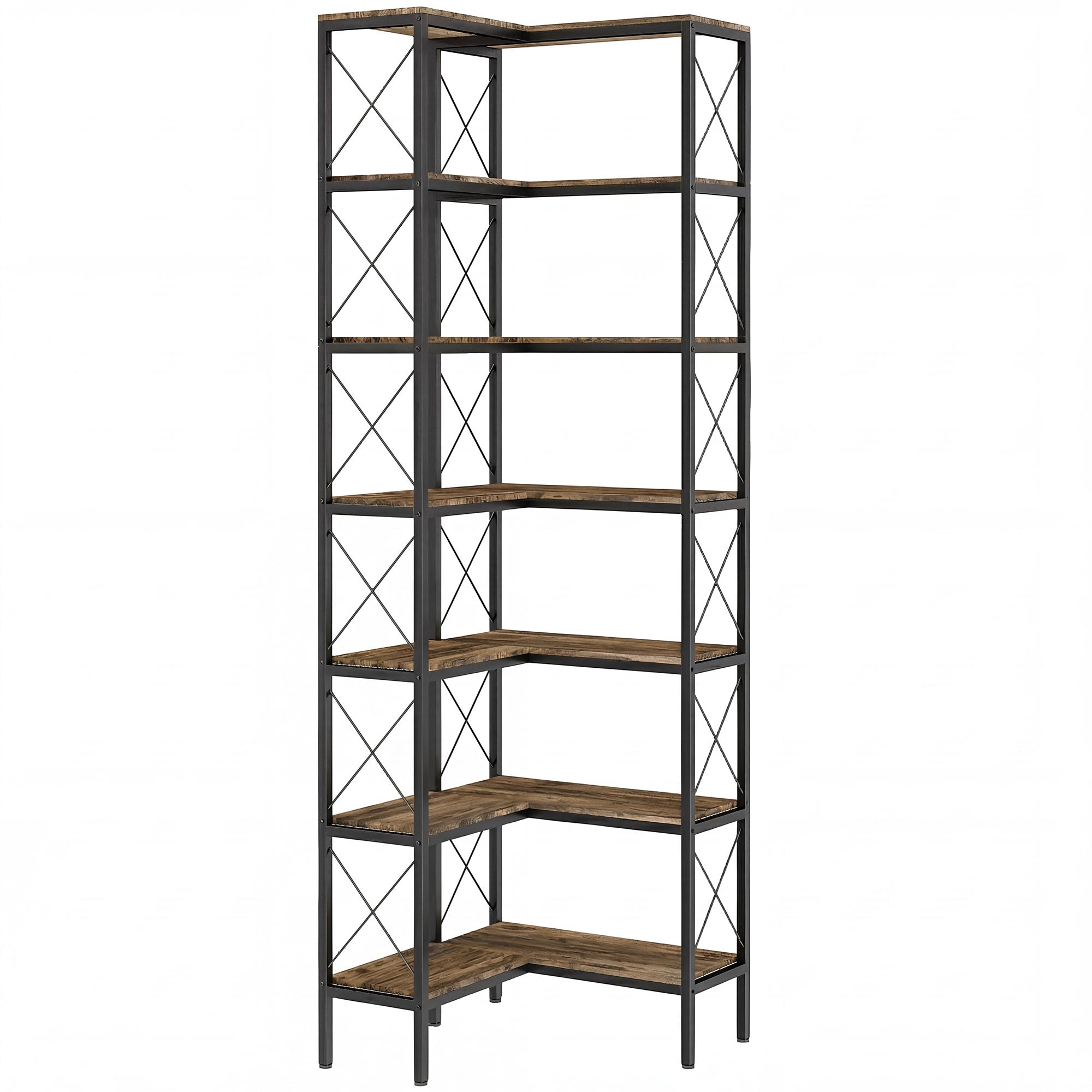 6-Tier L-Shaped Corner Bookshelf, Freestanding Metal Frame for Living Room, Office, Bedroom, 60 x 60 x 200 cm (23.6 x 23.6 x 78.7 in), Rustic Brown