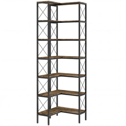 6-Tier L-Shaped Corner Bookshelf, Freestanding Metal Frame for Living Room, Office, Bedroom, 60 x 60 x 200 cm (23.6 x 23.6 x 78.7 in), Rustic Brown