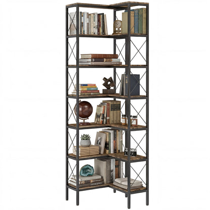6-Tier L-Shaped Corner Bookshelf, Freestanding Metal Frame for Living Room, Office, Bedroom, 60 x 60 x 200 cm (23.6 x 23.6 x 78.7 in), Rustic Brown