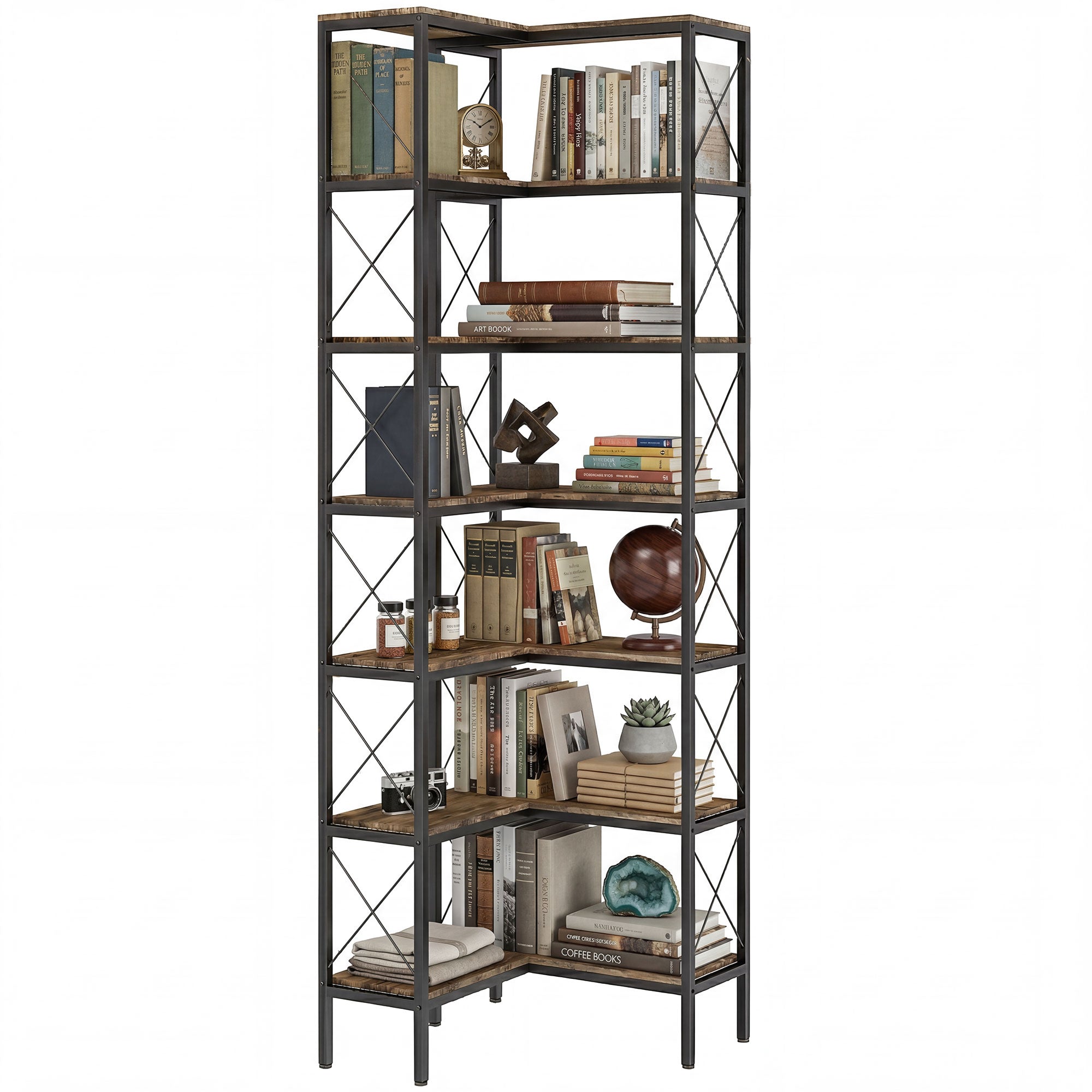 6-Tier L-Shaped Corner Bookshelf, Freestanding Metal Frame for Living Room, Office, Bedroom, 60 x 60 x 200 cm (23.6 x 23.6 x 78.7 in), Rustic Brown
