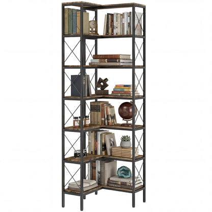 6-Tier L-Shaped Corner Bookshelf, Freestanding Metal Frame for Living Room, Office, Bedroom, 60 x 60 x 200 cm (23.6 x 23.6 x 78.7 in), Rustic Brown