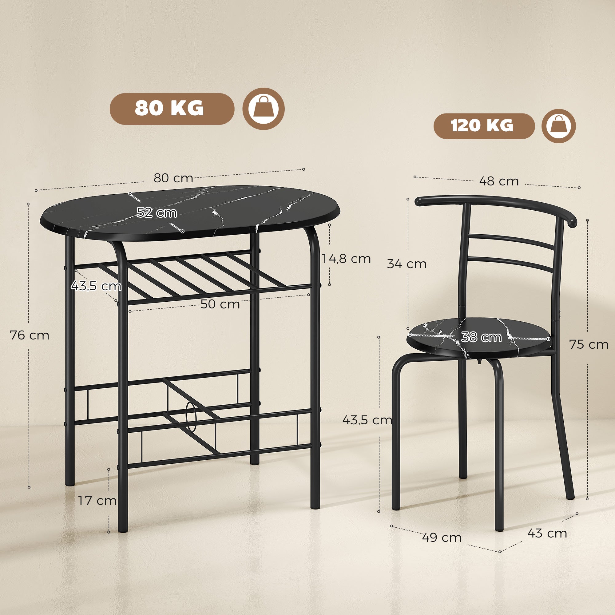 3-Piece Dining Set — 31.5" Kitchen Table with Two Chairs and Shelf, Ideal for Small Spaces, Apartment, Living/Dining Room, Black Marble Finish