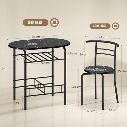 3-Piece Dining Set — 31.5" Kitchen Table with Two Chairs and Shelf, Ideal for Small Spaces, Apartment, Living/Dining Room, Black Marble Finish