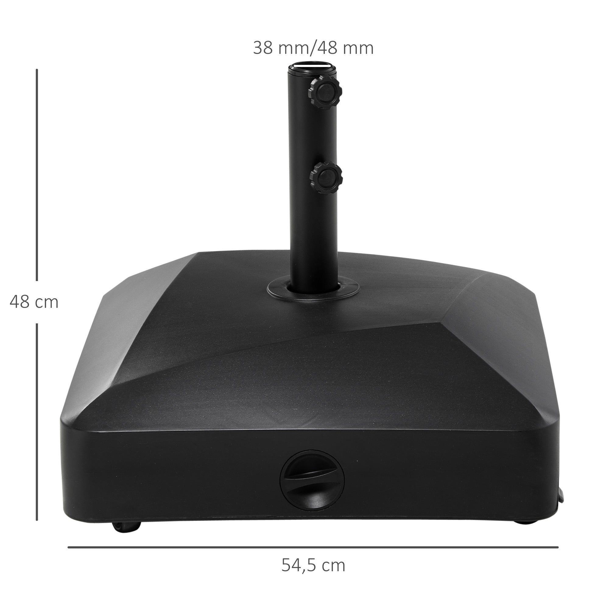 Square Parasol Base, PE Parasol Support, Water-sand fillable Parasol Stand with Wheels, for Patio Garden Pool Terrace, 54.5 x 54.5 x 48 cm Black