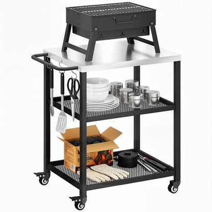3-Tier BBQ Cart – Mobile Outdoor Grill Trolley with Stainless Steel Worktop, Adjustable Shelf, Wheels & Brakes, Hooks, Handle – Black