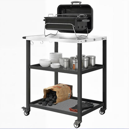 3-Tier BBQ Cart – Mobile Outdoor Grill Trolley with Stainless Steel Worktop, Adjustable Shelf, Wheels & Brakes, Hooks, Handle – Black
