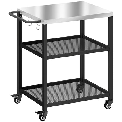 3-Tier BBQ Cart – Mobile Outdoor Grill Trolley with Stainless Steel Worktop, Adjustable Shelf, Wheels & Brakes, Hooks, Handle – Black