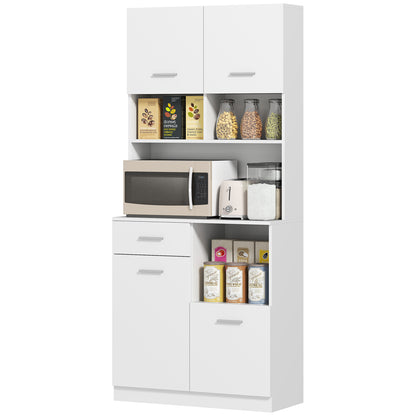 Tall Kitchen Cabinet with Drawer, 4 Cabinets, and 3 Open Compartments, Pantry Cabinet with Adjustable Wooden Shelf, for Living Room and Kitchen, 80x35x180 cm, White