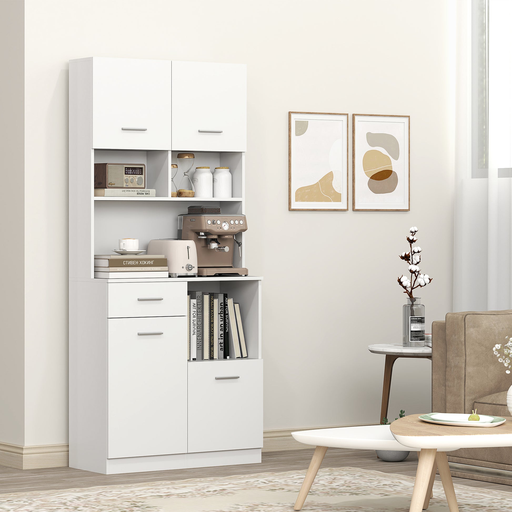 Tall Kitchen Cabinet with Drawer, 4 Cabinets, and 3 Open Compartments, Pantry Cabinet with Adjustable Wooden Shelf, for Living Room and Kitchen, 80x35x180 cm, White